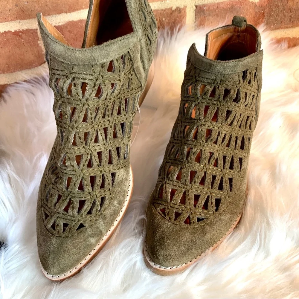 JEFFREY CAMPBELL Coastal Cowgirl Western Sagat Laser Cut Olive Suede Boots, 8.5